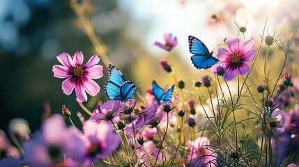 Blue butterflies flutter over magenta Cosmos flowers in spring summer in nature outdoors in sunlight, macro.