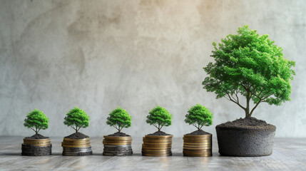 Growing Investment: Bonsai Trees on Ascending Coin Stacks Symbolizing Financial Growth - Created by generative AI