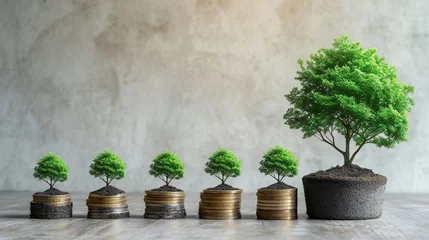 Foto op Canvas Growing Investment: Bonsai Trees on Ascending Coin Stacks Symbolizing Financial Growth - Created by generative AI © ImaginAI