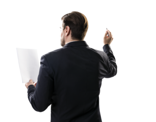 Businessman in dark suit writing in air with pen, isolated on white. Business presentation concept