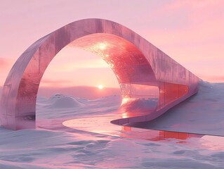 A futuristic, pink concrete structure sits on a snowy surface. The walls are smooth and curved,...