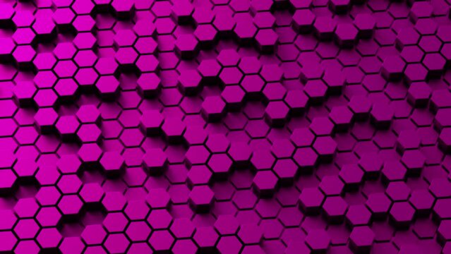 Pink hexagon honeycomb shapes matte surface moving randomly. Bright 3D animation of a seamless loop of hexagon beehive. Template for documents, reports and presentations