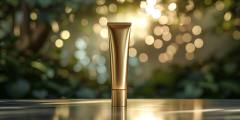 Luxury cosmetic cream tube on a shimmering gold bokeh background. High-end beauty product and skincare concept. Design for exclusive cosmetics advertisement, festive promotion. Banner with copy space. - obrazy, fototapety, plakaty