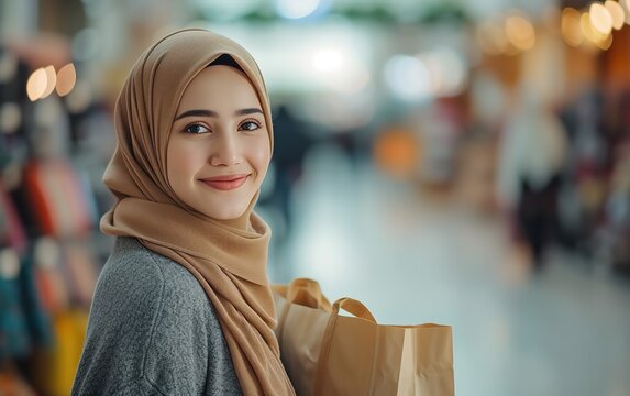 A happy Muslim woman holding shopping bag in mall with empty space, Generative AI.
