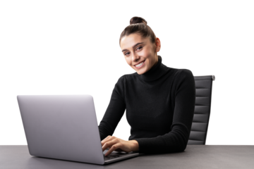 Cheerful young woman working on a laptop, casual business attire, office setting