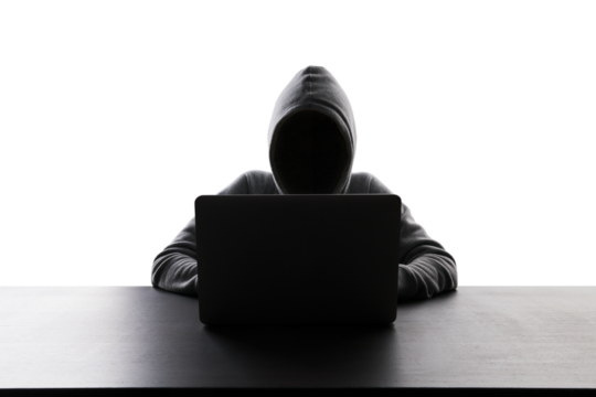 Silhouetted figure in hoodie working on laptop, concept of privacy or hacking