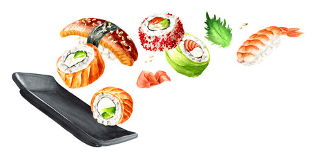 Japanese Flying Sushi set, Hand drawn watercolor illustration isolated on white background