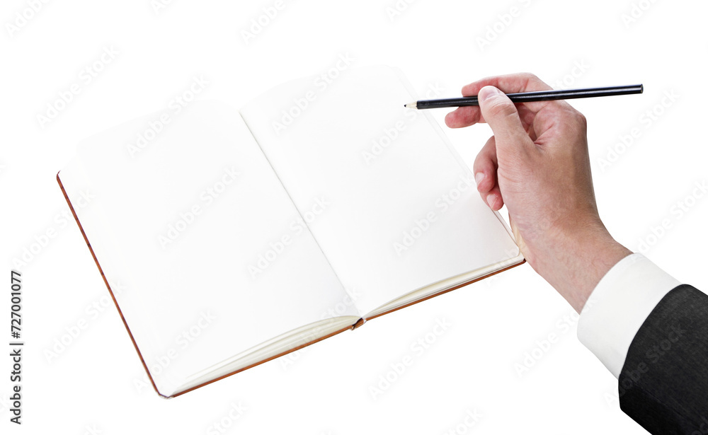 Poster Hand with pen poised to write in an open blank notebook, isolated on white