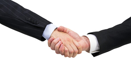 Two professionals in suits engaging in a handshake, signifying a successful agreement