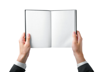 Hands holding an open blank notepad, ready for ideas, isolated on white