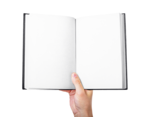 Closeup of a hand presenting an empty notebook, perfect for customization