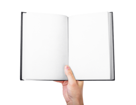 Closeup of a hand presenting an empty notebook, perfect for customization
