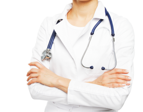 Close up of a medic in a white coat with a stethoscope, healthcare concept