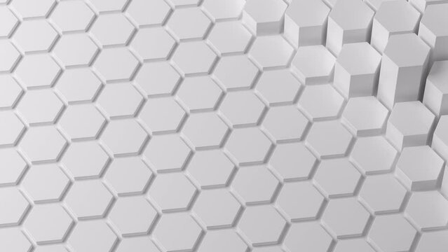 White hexagon honeycomb shapes matte surface moving randomly. Bright 3D animation of a seamless loop of hexagon beehive. Template for documents, reports and presentations