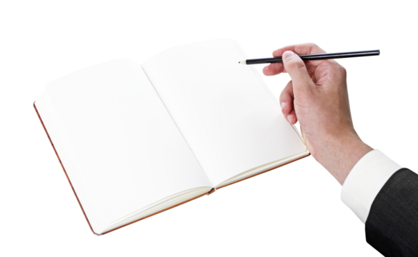 Hand with pen poised to write in an open blank notebook, isolated on white - Powered by Adobe