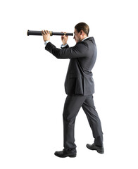 Visionary businessman with a telescope illustrating strategic foresight and business goals