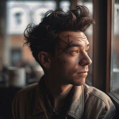 A close-up portrait of a man in a coffee shop