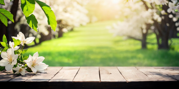 wooden table top mockup with flower nature spring background ai generated