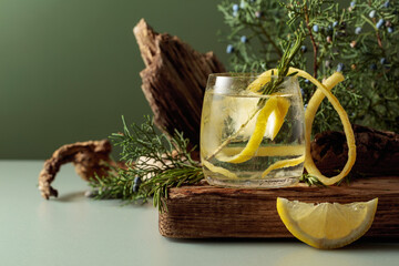 Cocktail gin-tonic with ice, lemon, and rosemary in a frozen glass.