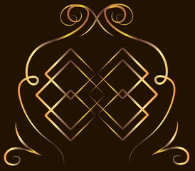 Fantasy ornament with curls, rhombuses. Gold gradient on a black background for printing on fabric, applique and cards.