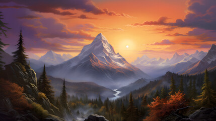 Painting of a mountain scene with a waterfall and a waterfall ,,
An awe-inspiring wall art mural depicting a vast and breathtaking mountain landscape, capturing the majestic beauty of nature
