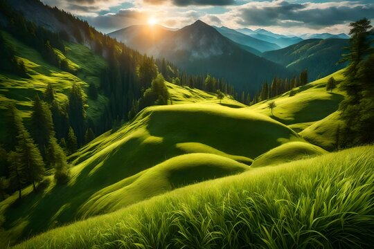 Generate an AI-crafted image that captures the awe-inspiring beauty of grass flourishing atop a mountain bathed in the perfect sunlight. 