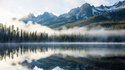 Reflection of Sawtooth Mountains on Red Fish Lake on foggy morning, Stanley, Idaho.