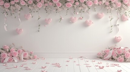 Festive valentine's day photo studio background paneled wall: many red heart-shaped balloons,...