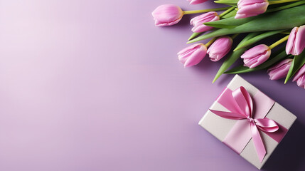 Gift box & tulip flower top view copy space pink background greeting card.