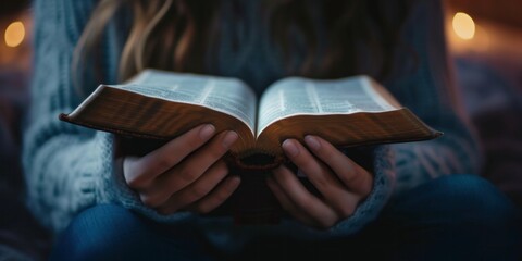 Close-up of woman opening bible in hand The concept of peace and solitude