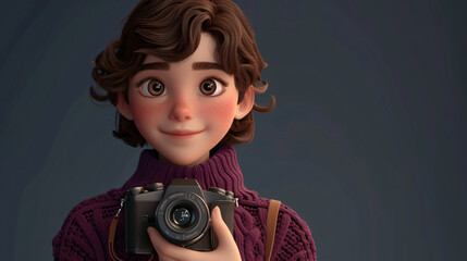 A vibrant and creative cartoon teenager captures moments with an impressive camera. Sporting a...