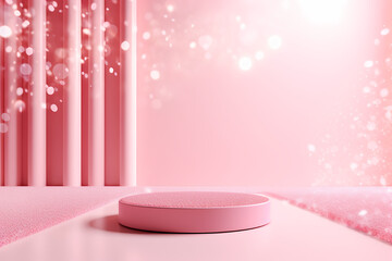 Pink podium 3d illustration background , mock up display with sparkle and glitter for beauty products or holiday event.	