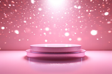 Pink podium 3d illustration background , mock up display with sparkle and glitter for beauty products or holiday event.	