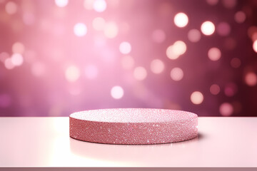 Pink podium 3d illustration background , mock up display with sparkle and glitter for beauty products or holiday event.	