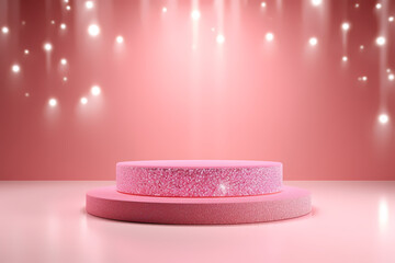 Pink podium 3d illustration background , mock up display with sparkle and glitter for beauty products or holiday event.	