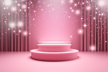 Pink podium 3d illustration background , mock up display with sparkle and glitter for beauty products or holiday event.	