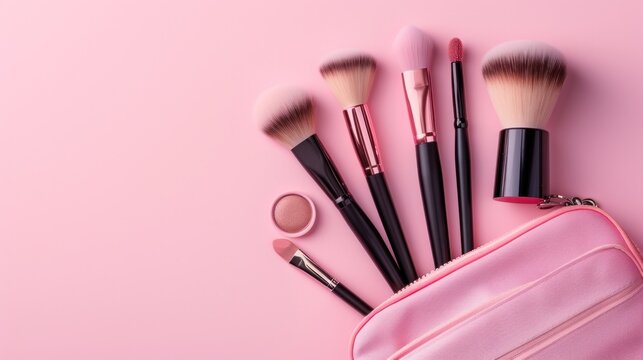 Professional beauty products stand beside a pink makeup bag on a pastel pink background.