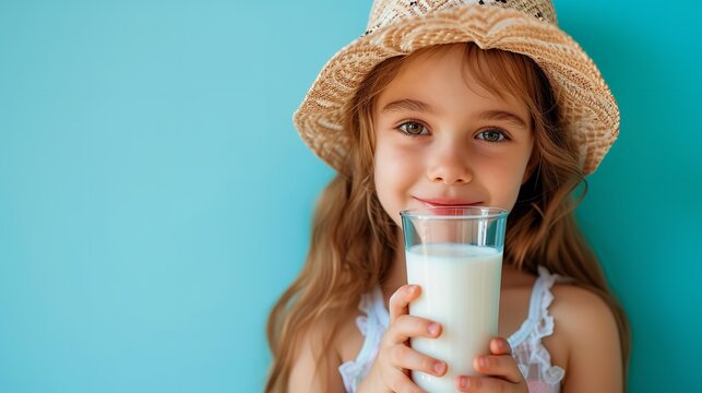 An enticing young girl sipping milk from a glass against an opaque blue backdrop, space, Generative AI.