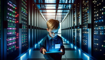 child boy use digital tablet in data center