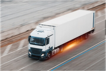 Cargo Truck On The Road In High-Speed Motion. International Logistics Shipping Delivery Concept....