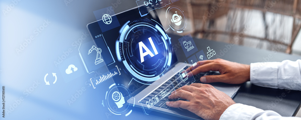 Poster man using laptop, virtual screen with ai, robot controls and machine learning