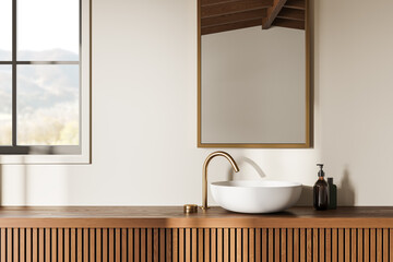 Fototapeta na wymiar Cozy modern hotel bathroom interior with sink, mirror and accessories