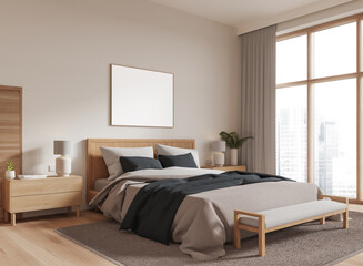 Beige bedroom corner with poster and window
