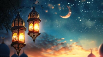 Fototapeta na wymiar Celebratory Illuminated Lanterns Against Evening Sky During Ramadan