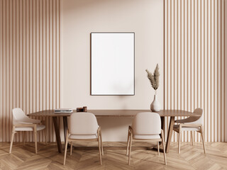 Beige dining room interior with long table and poster