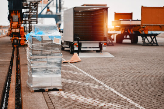 Spare Parts Stores Provision Supply Requisition Delivery Logistics. Cargo Truck And Wooden Euro Pellet Loaded With Stores And Ready For Delivery On Ship