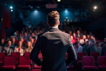 a male motivational speaker or a stand-up comedian presenting his speech in front of an audience in a microphone in a dark club or concert hall venue with red seats and selective lighting
