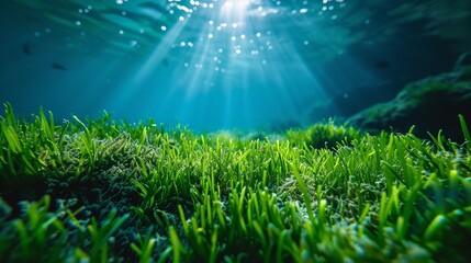 An underwater picture of a patch of green seagrass on the floor of the ocean with space, Generative AI. - obrazy, fototapety, plakaty