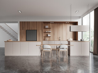 Stylish home kitchen interior with bar island and dining table, panoramic window