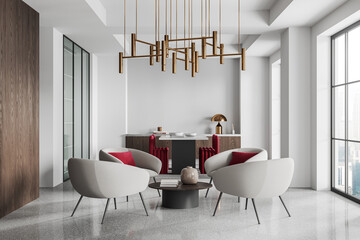 White dining room interior with marble table and armchairs